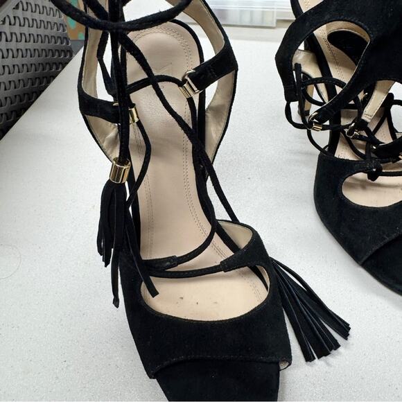 Marc Fisher Black Suede Strappy Lace Up Stiletto Heels Womens 7.5 Mllarsa Fringe - Picture 5 of 10